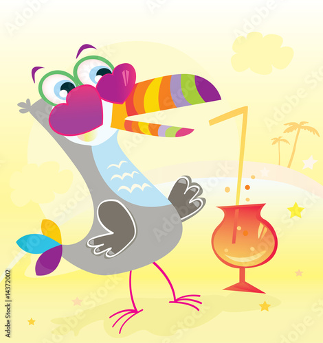 Beach party. Exotic bird character. Vector Illustration.