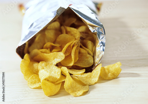 Bag of potato crisps, food, snacks, potato chips, junk food