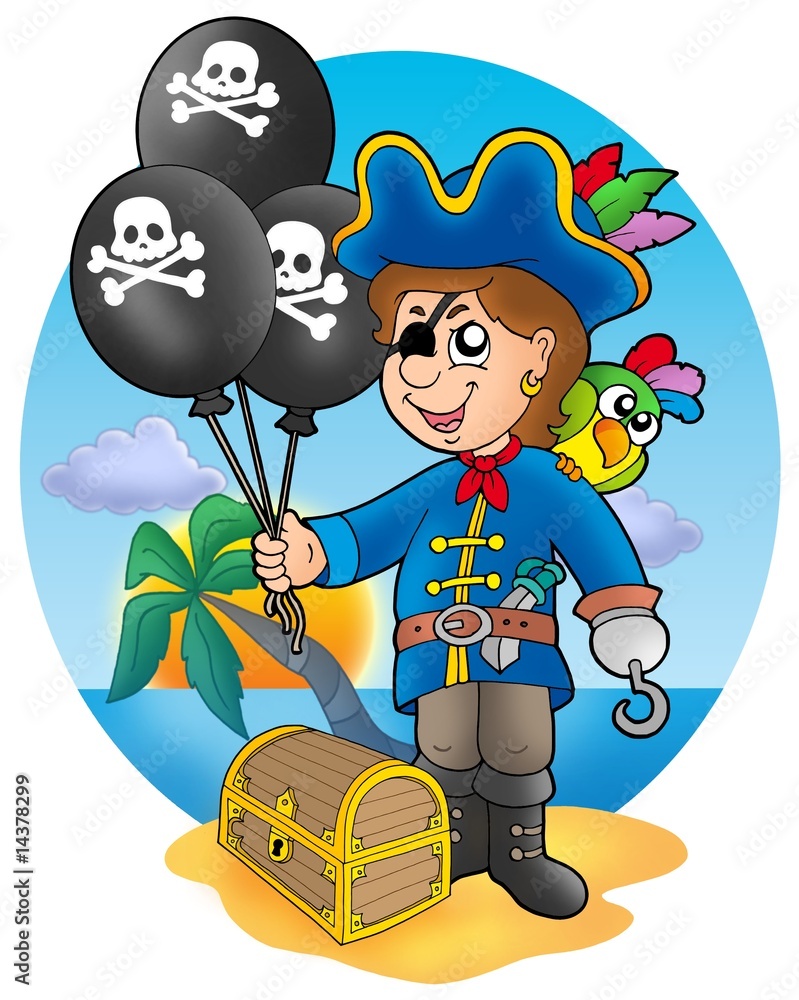 Naklejka premium Pirate boy with balloons on beach