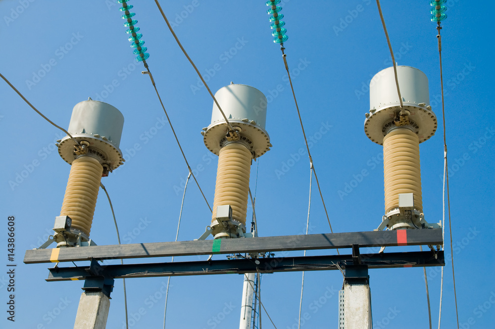 disconnecting switches on high-voltage substation Stock Photo | Adobe Stock