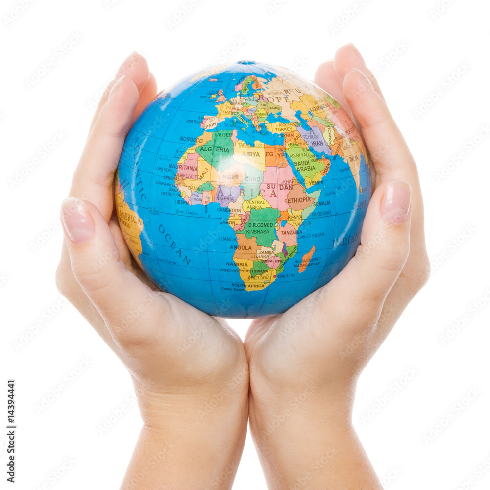 Hands holding and protecting earth, isolated on white Hands holding and protecting earth, isolated on white