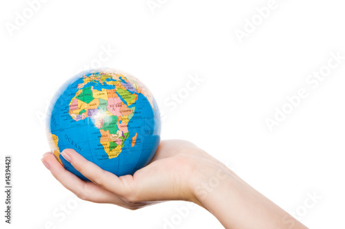 Hands holding and protecting earth  isolated on white