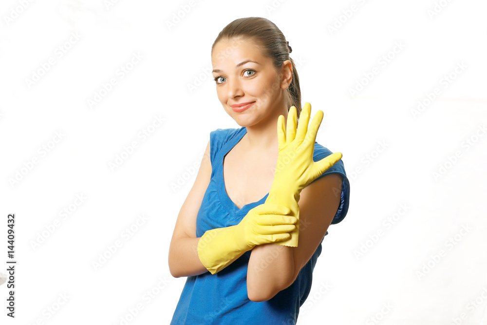Beautiful happy housewife with rubber gloves Beautiful happy housewife with rubber gloves