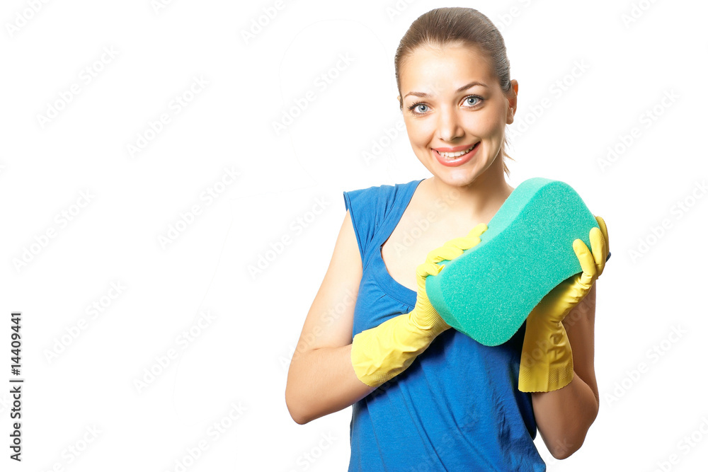 A cute woman maid cleaner with sponge A cute woman maid cleaner with sponge