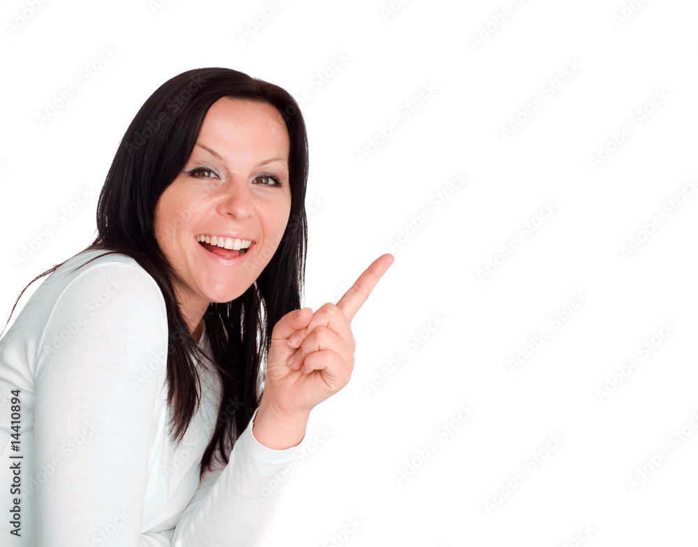 smiling woman showing empty billboard with place for your text smiling woman showing empty billboard with place for your text