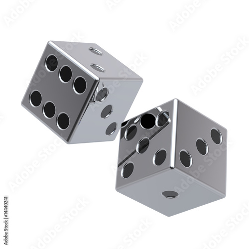 Two chrome dices isolated on white.