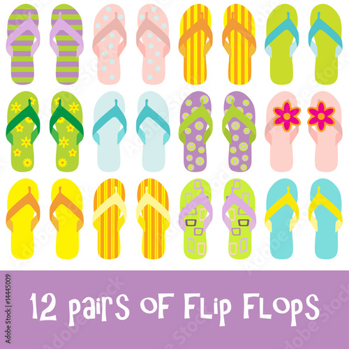 12 pairs of brighty colored flip flops - thongs photo