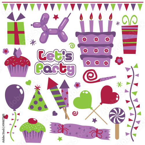 party decorations  balloons  gifts and cakes in purple and green