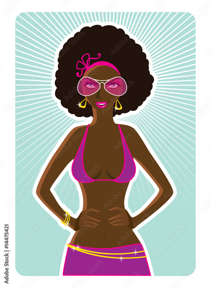 Black Woman with Fushia Bikini and Sunglasses