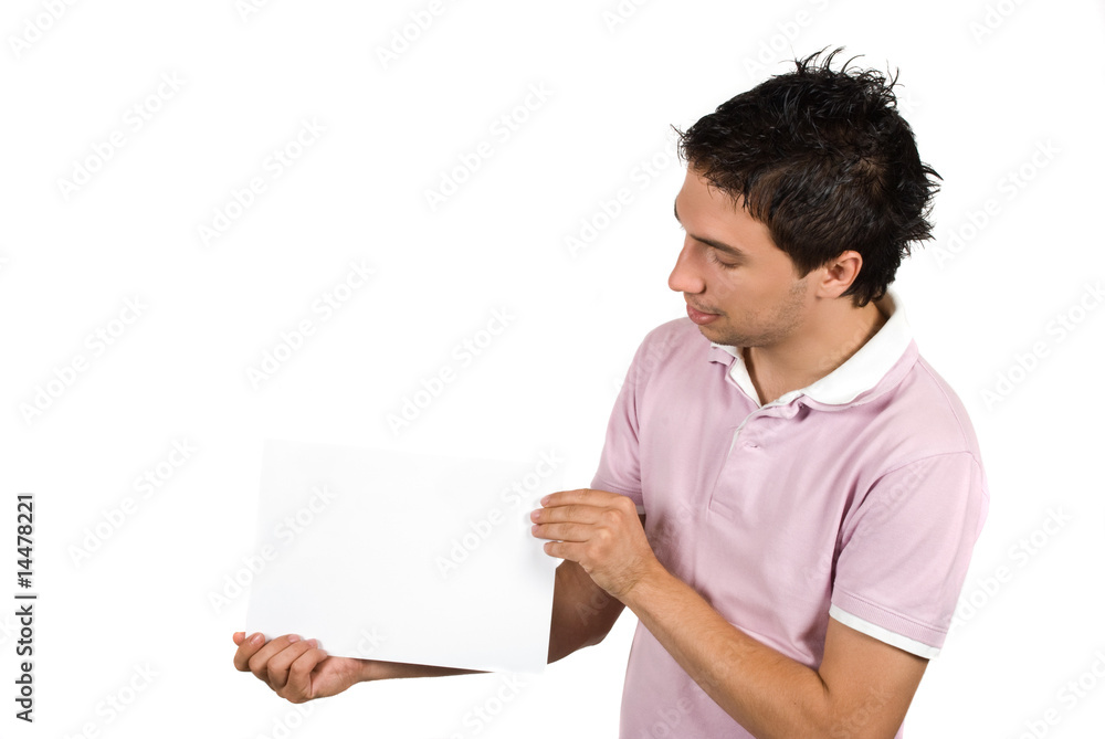 Young man presenting a blank page Young man presenting a blank page