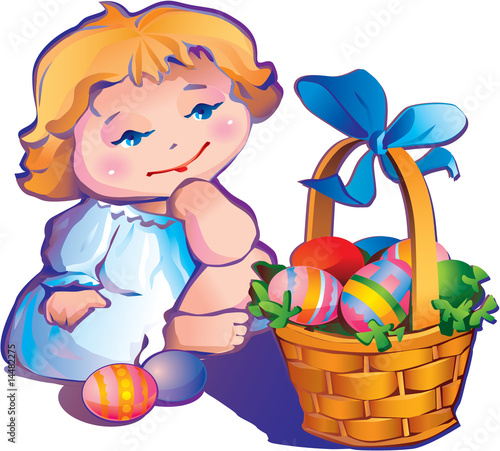 little girl with basket of paschal eggs