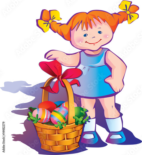 Beautiful girl with basket of paschal eggs. Happy easter.