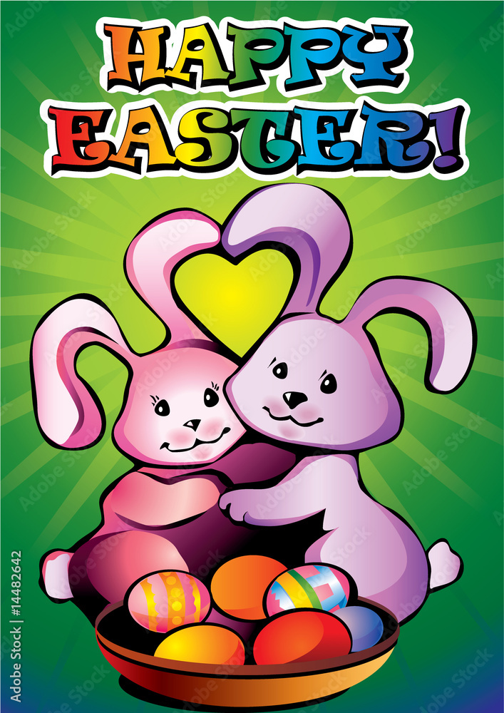 two easter bunnies with paschal eggs