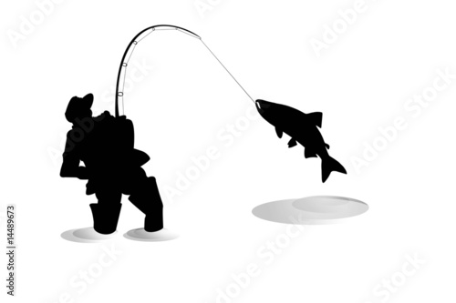 Fototapet Silhouette of fisherman with salmon