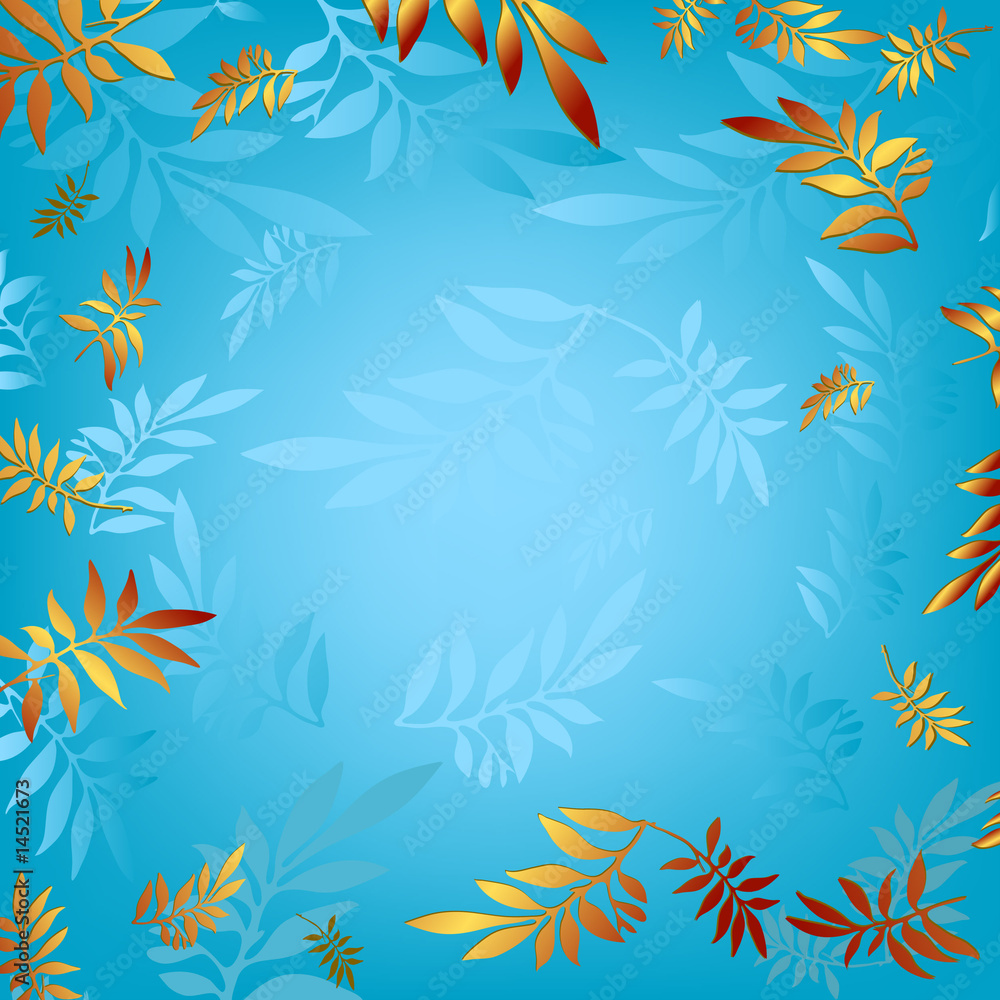 Blue background with carved bronze leaves Blue background with carved bronze leaves