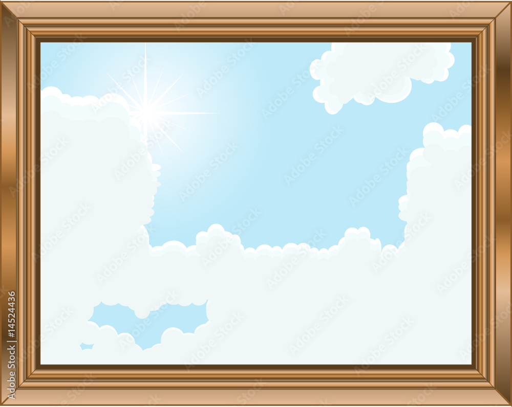 Blue cloudy sky in wooden frame Blue cloudy sky in wooden frame