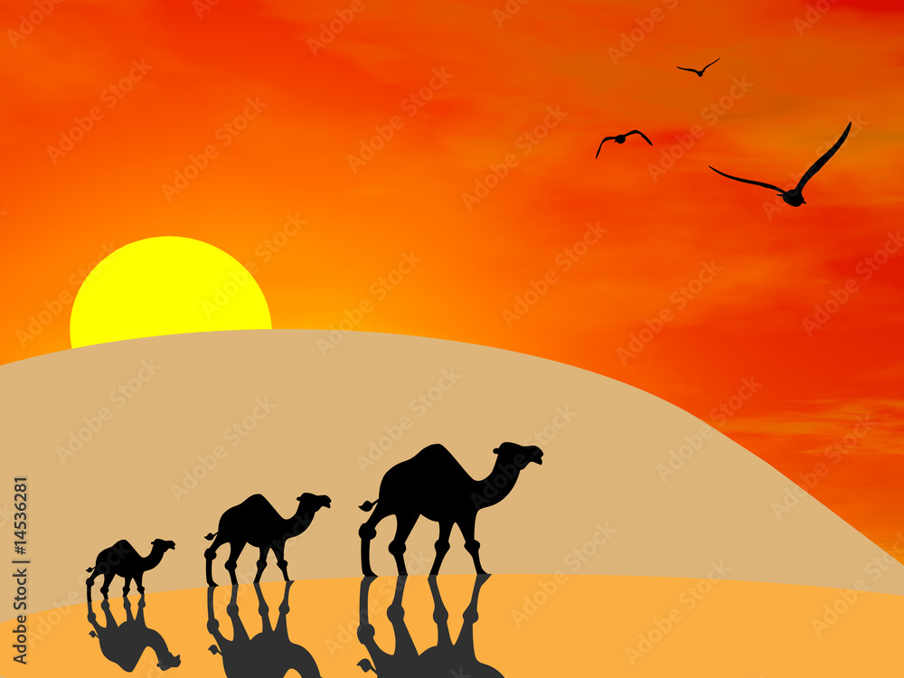 3d image of camels silhouettes in the desert at sunset 3d image of camels silhouettes in the desert at sunset