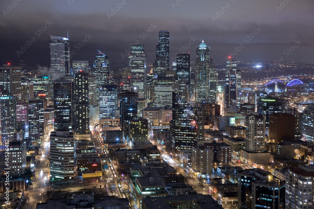 Seattle Syline at night from air