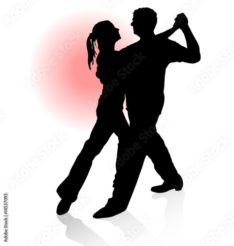 Vector silhouette of couple dancing tango with red sun.