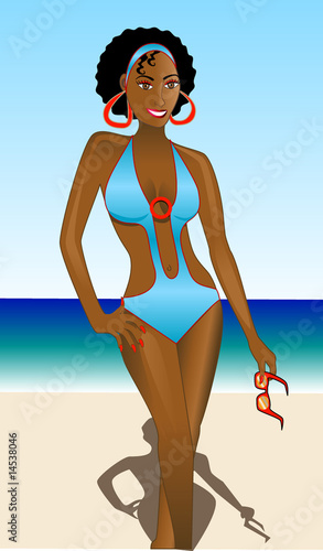 Beach Fashion, Beautiful African American Woman in Monokini.