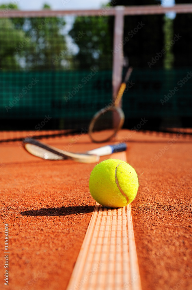 tennis ball, racket and net