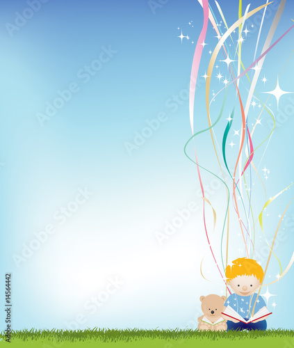 background illustration of a small child reading a book