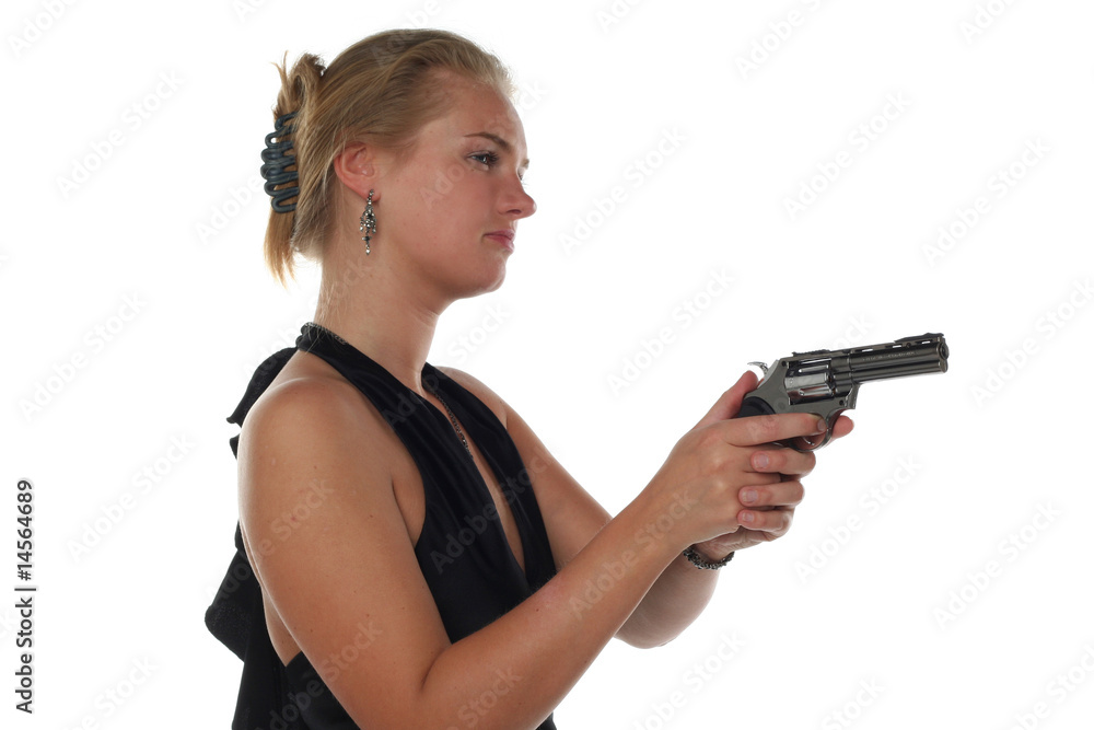 young blond woman in black dress with revolver young blond woman in black dress with revolver