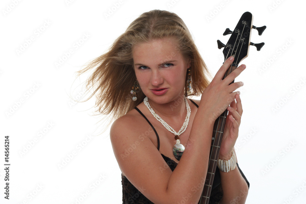 blond woman with guitar isolated on white background blond woman with guitar isolated on white background