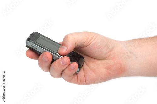 Man hand holding old phone isolated