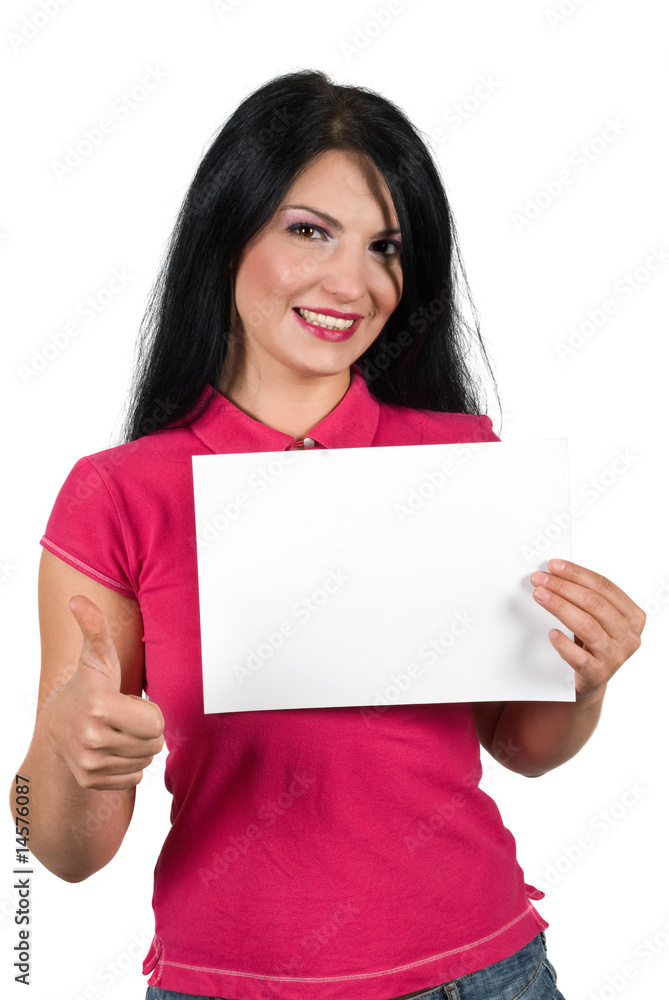 Beauty woman giving thumb-up and holding a blank sign Beauty woman giving thumb-up and holding a blank sign