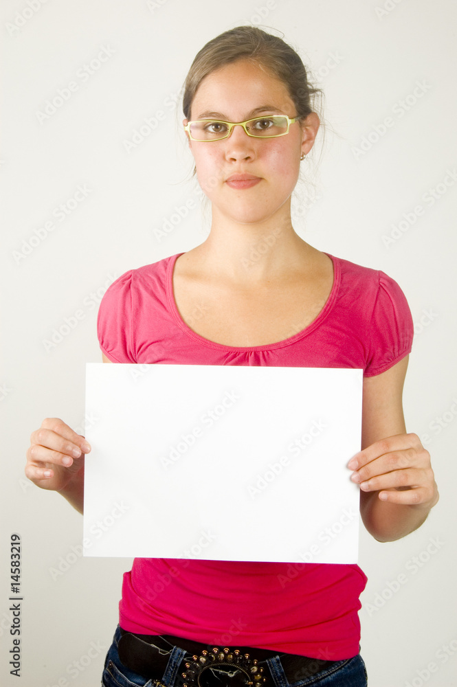beatiful young female is holding a white paper to write on beatiful young female is holding a white paper to write on