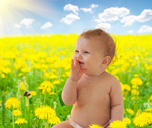 Baby-girl sitting among dandelion collage