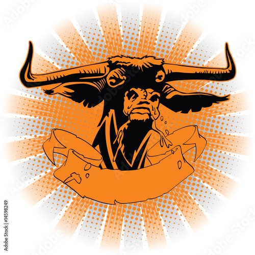 Muzzle of a furious bull against beams and a tape