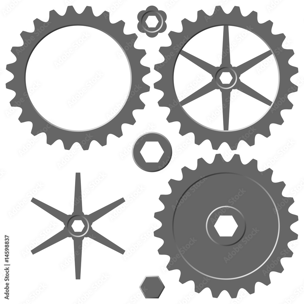 Different cogwheels with separated elements over white Different cogwheels with separated elements over white