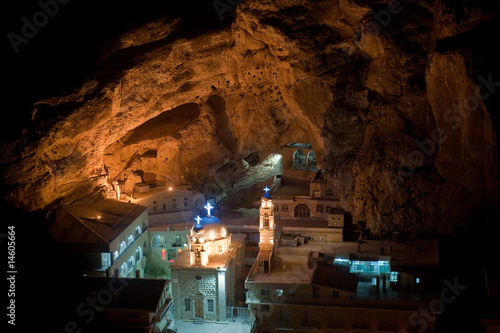 Night shot of Convent of Saint Takla in Maloula, Syria photo
