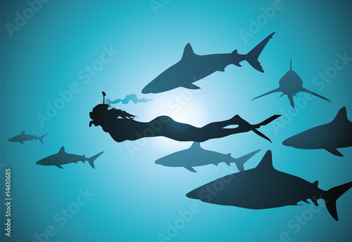 The diver in an environment of sharks