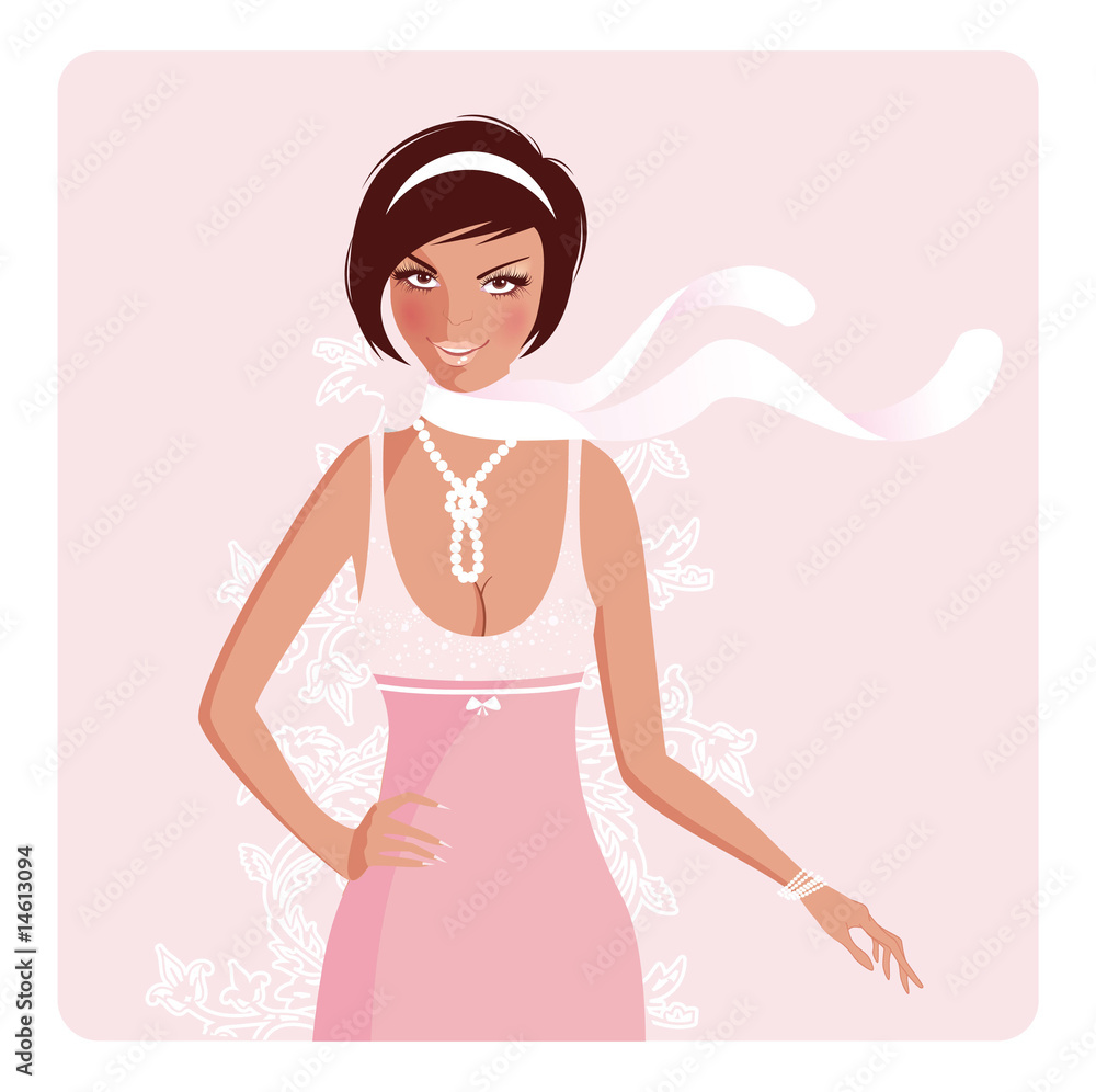 Fototapeta premium Beautiful girl in pink dress, vector