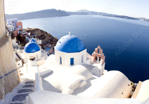 santorini greek island scene classic blue dome churches