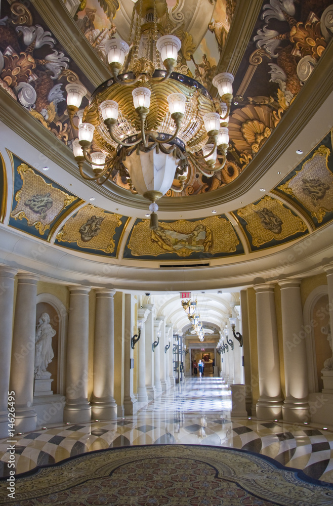 Luxury classic colonnade corridor and ornate luster