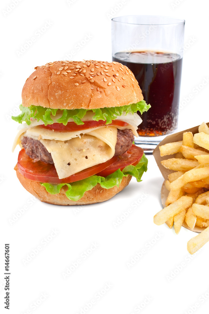 cheeseburger, french fries and cola on white background cheeseburger, french fries and cola on white background