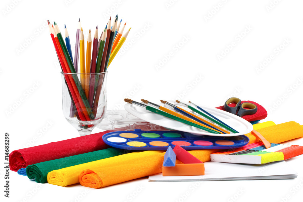 Fototapeta premium Water colour paints, pencils and brushes