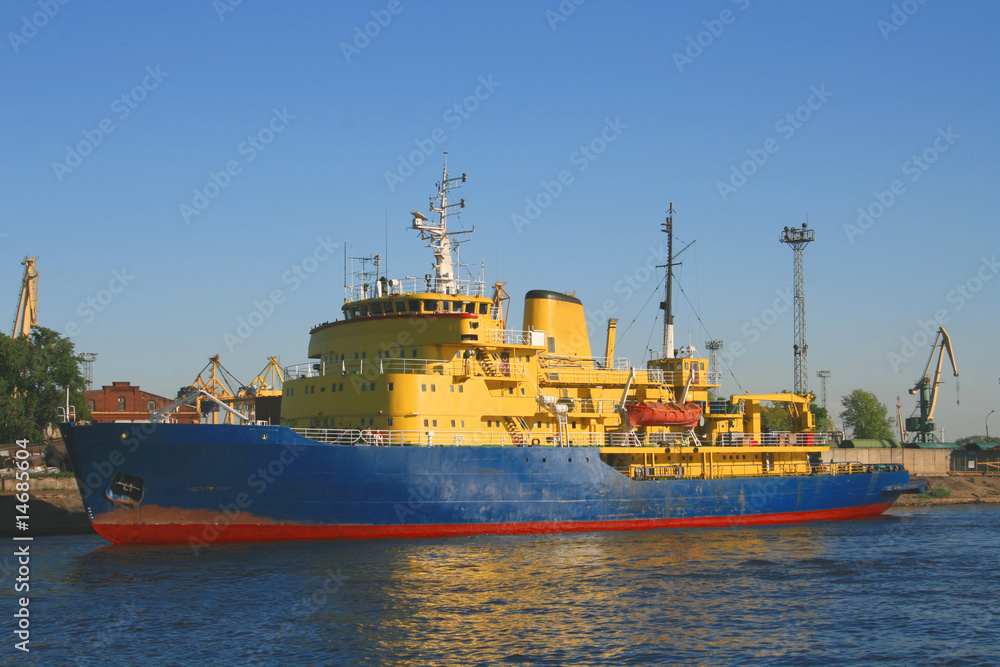 Icebreaker type industrial ship in the harbor