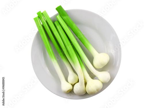 Young garlic on white plate  . Isolated photo