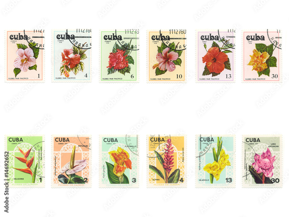 Canceled Floral Cuban Stamps from 1970s Canceled Floral Cuban Stamps from 1970s