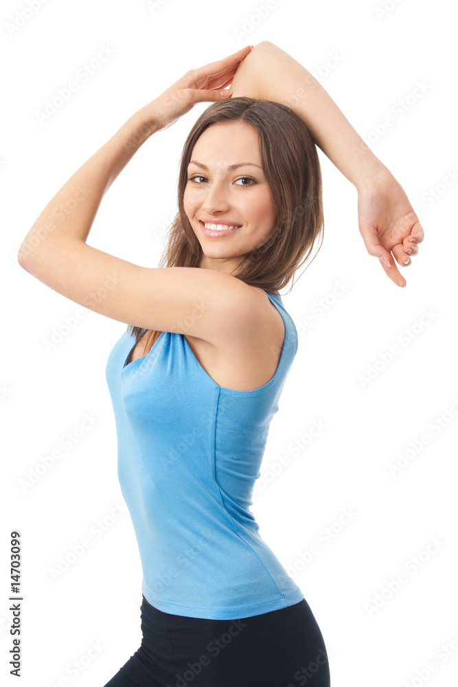Young happy woman doing exercises, isolated on white Young happy woman doing exercises, isolated on white