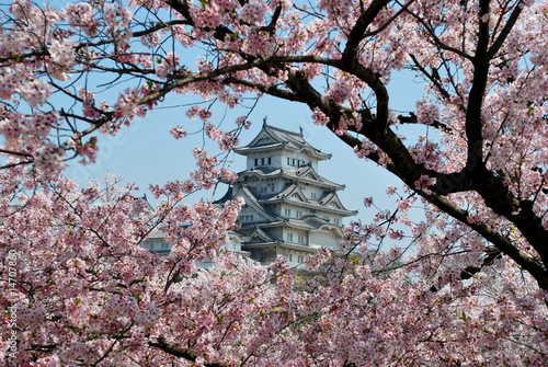 Plakat stary architektura japoński świat wiśnia