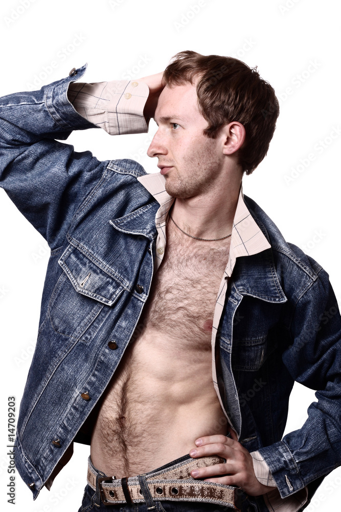 Young man in jeans jacket isolated on white Young man in jeans jacket isolated on white