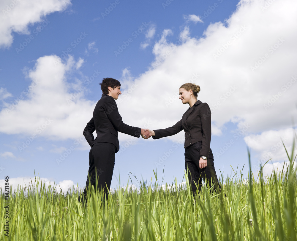 Two women standing in the grass shaking hands Two women standing in the grass shaking hands