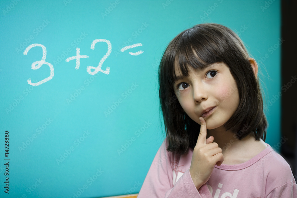 Funny schoolgirl stay near school blackboard. Funny schoolgirl stay near school blackboard.