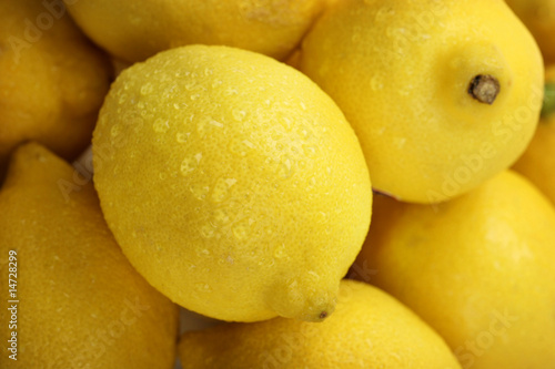 closeup of a pile of fresh lemons with water drops